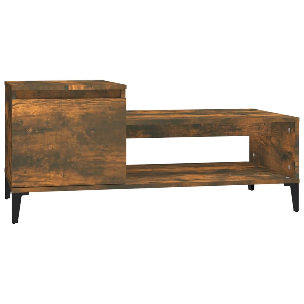 Mesa de centro de roble ahumado, 100 x 50 x 45 cm, de madera y metal, diseño moderno con espacio de almacenamiento y estante, pequeña mesa auxiliar para salón, sofá, mesa lateral