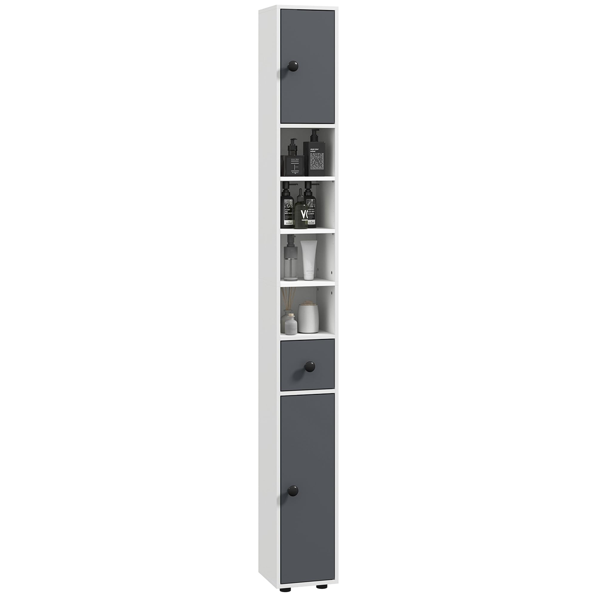 kleankin Meuble Colonne Salle de Bain Armoire Haute Colonne Fine avec 4 étagères réglables 1 tiroir et 2 placards Design Moderne 20 x 20 x 180 cm Gris