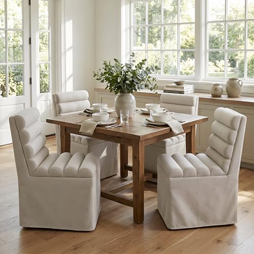 CIMOTA Upholstered Dining Chairs Set of 4, Modern Fabric Dining Room Chairs with Cylindrical High Back/Skirted Slipcover, Soft Cushioned Armless Kitchen Chairs for Dining Living Room, Linen Beige