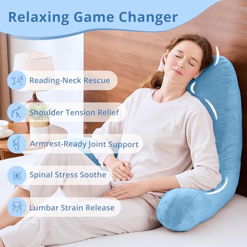 Image of Sasttie Reading Pillow for Bed, Back Pillow for Sitting Up, Blue | 25 inch Backrest Support Cushion for Couch, Sofa, and Floor, Dorm Essentials, OEKO-TEX, Adjustable Down Alternative Fill