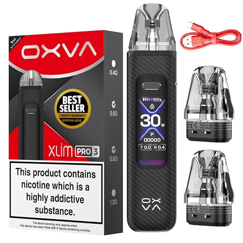 Oxva Xlim Pro 3 Vape Kit [Black Carbon] - Available in 15 colours - 2A Fast Charge 1500mAh Battery 30W Output 1.05 HD Display Auto Draw - Compatible with Full Xlim V2 V3 EZ Pods - No Nicotine
