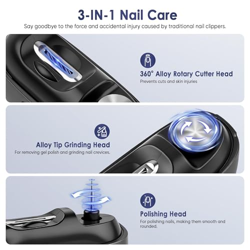 Electric Nail Clipper, Electric Nail Trimmer with Light and Nail Scraps Storage, Electric Toenail Clippers with Polishing, Rechargeable Electric Automatic Nail Clipper for Seniors, Women, Men (Black)