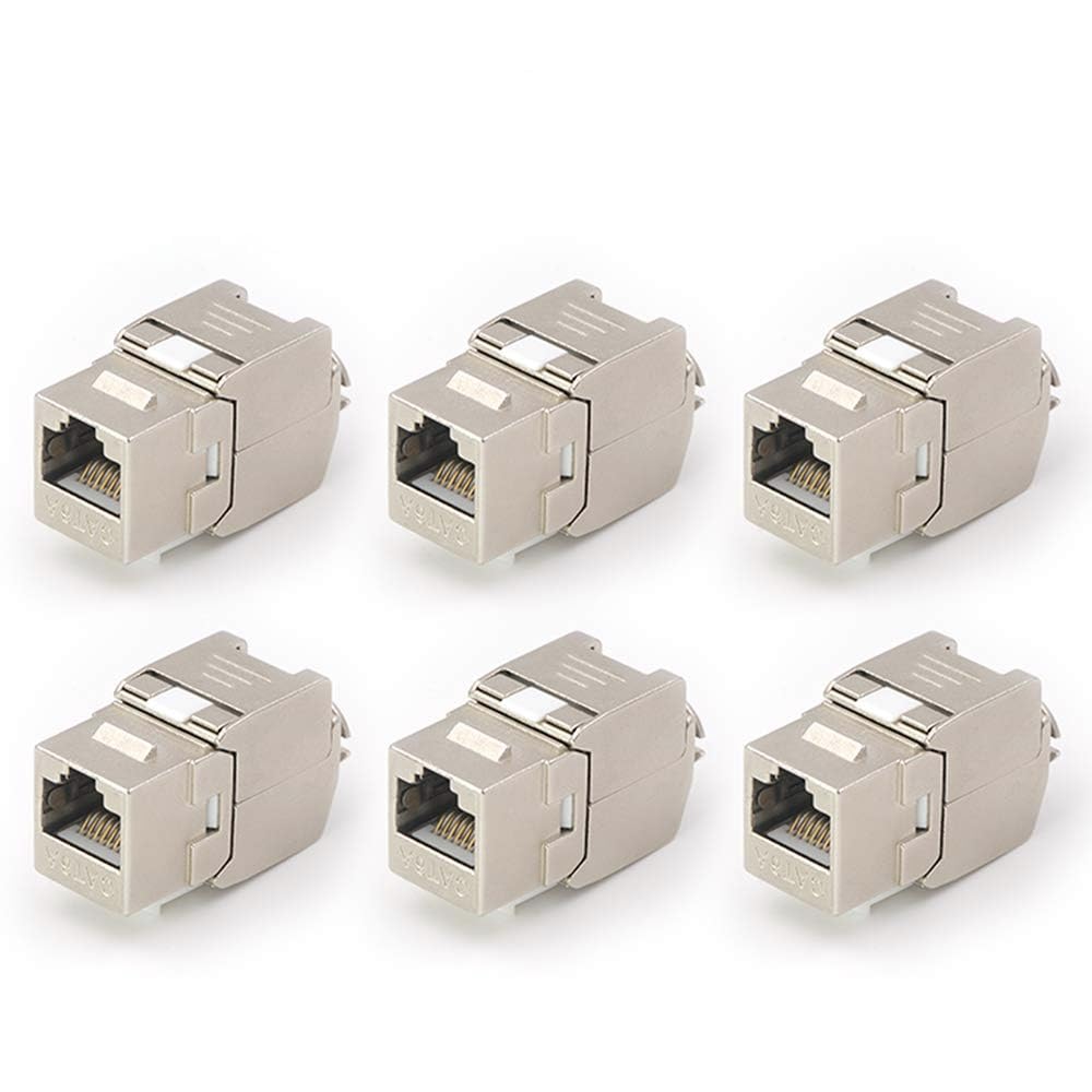 VCE RJ45 Cat6A Shielded Keystone Jacks 6-Pack, 10Gbps Easy Toolless Modular Jacks PoE for 23 to 26 AWG Solid or Stranded S/FTP Ethernet Cable