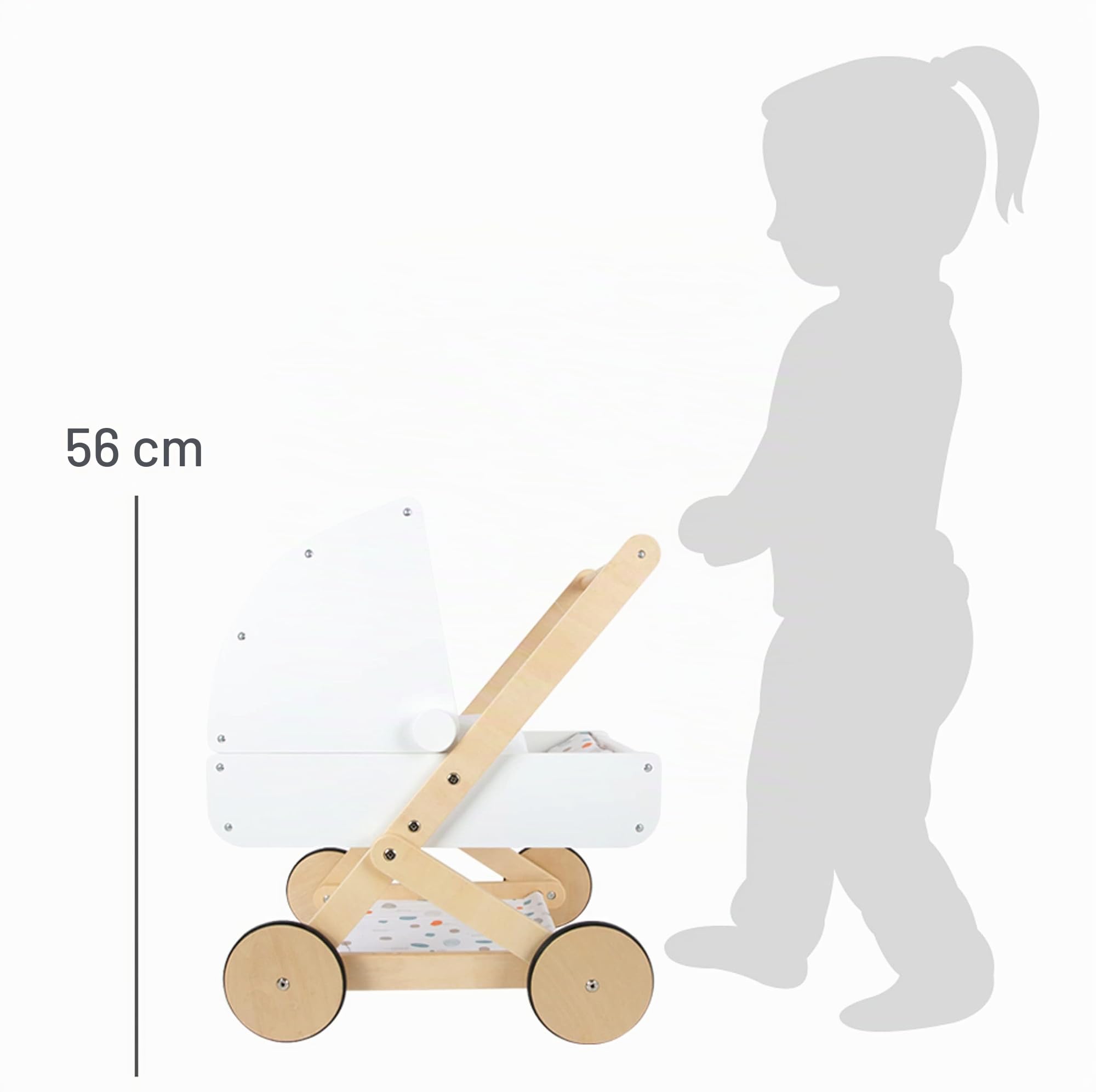 small foot Puppenwagen Little Button aus Holz, multifunktionaler und hochwertiger Puppenkinderwagen, ab 3 Jahren, 11914, 46 cm, Weiß