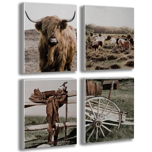 Image of Vintage Farm Cow Farmhouse Decor Cow Prints Canvas Wall Art Prints Pictures Wall Decor for Home Bedroom Kitchen Bathroom Rustic Western Country Birthday Housewarming Gifts 4PCS,Framed,8x10IN