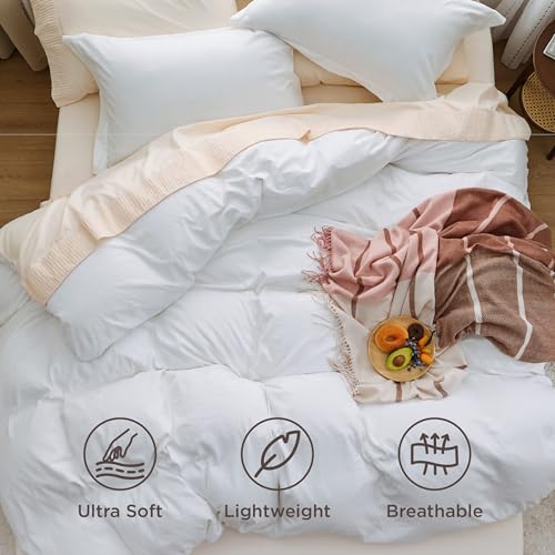 Image of Bedsure White Duvet Cover Queen Size - 3 Pieces Prewashed Cotton-Like Polyester Extra Soft Bedding Set, Includes 1 Duvet Cover 90x90 Inches with Zipper Closure & 2 Pillow Shams, Comforter Not Included