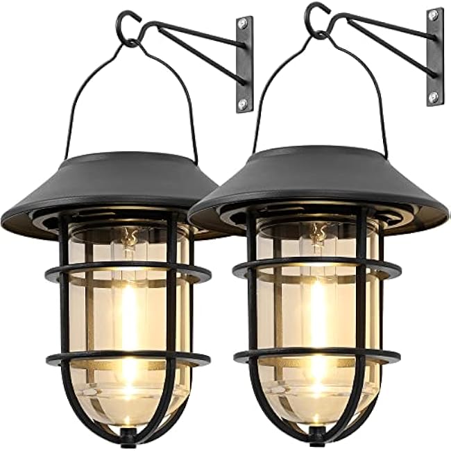 Upgrade Solar Outdoor Lights, Hanging Lantern, Waterproof Solar Lights with Wall Mount Kit for Garden Patio Porch Fence Decor 2 Pack