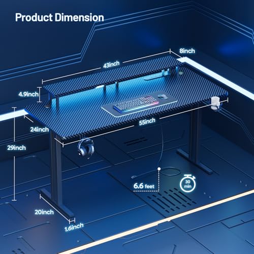 Image of HLDIRECT 55 Inch Gaming Desk with LED Lights & Cable Management, Black | Ergonomic carbon fiber gaming computer desk with 5 sockets, monitor stand, cup holder, headphone hook & mouse pad for gamers