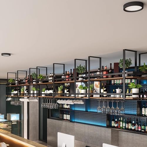Industrial Hanging Wine Rack with Glass Holder & Storage Shelf, Metal Ceiling Floating Shelves for Kitchen & Bar, Elegant Iron Design for Home Decor