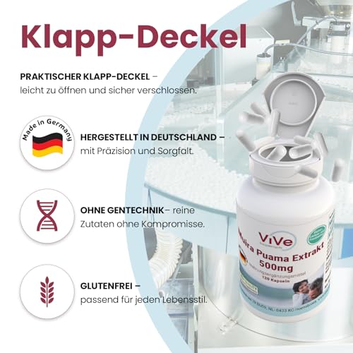 Muira Puama Extrakt 500mg Kapseln - 120 Kapseln - schluckfreundlich - Vegan - HOCHWERTIGER 10:1 Extrakt - Hochdosiert | Qualität aus Deutschland von ViVe Supplements