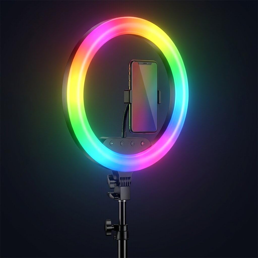 Luméon 36 cm RGB Ringlicht mit Stativ – 14 Zoll LED Fotolicht mit 39 Farben & Effekten, inkl. Fernbedienung & 2 Handyhalterungen für TikTok & YouTube
