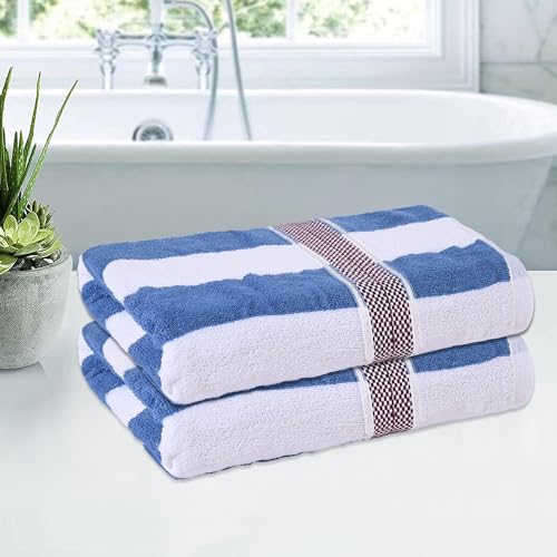 Image of Kuber Industries Pack of 2 Bath Towels for Men - Highly Absorbent 144 GSM Cotton Bathroom Towel for Bath, Gym, Travel - Blue Patti, 30x60 Inch, White