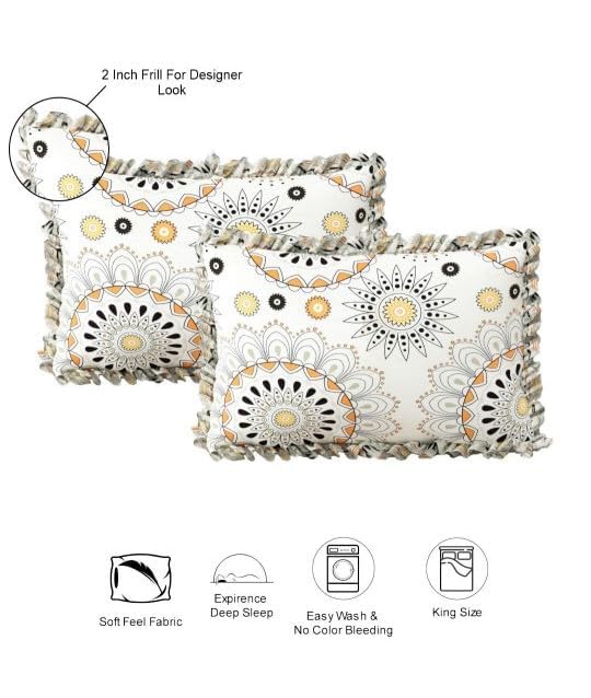 Image of King Size Fitted Bedsheet for Double Bed | 300 TC Cotton Feel Microfiber | All Around Elastic with 2 Frill Pillow Covers | Soft & Durable | (WhiteGolaFRILL, Fitted - Double72x72)