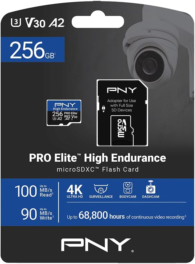 PNY 256GB PRO Elite™ High Endurance C10 U3 V30 A2 microSDXC – Up to 68.8K Continuous Recording Hours, Up to 100/90MB/s Read/Write, 4K UHD, Full HD, UHS-I, Surveillance, Home Security, Dash Cam