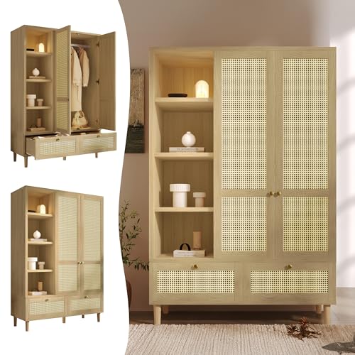 Armoire Chambre Adulte/Enfant en Chêne, Armoire de Rangement avec Penderie, Armoire en Rotin Tressé à 2 Portes avec 2 Tiroirs et étagères Ouvertes,...