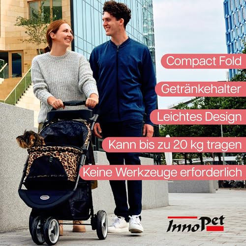 Hundebuggy Katzenbuggy für Reisen - Innopet Allure Cheetah – exklusiver Hundewagen mit Leopardenmuster, einhändig faltbar, mit Aufbewahrungskorb, 2 Sicherheitsleinen, pannensichere Räder – Hundewagen