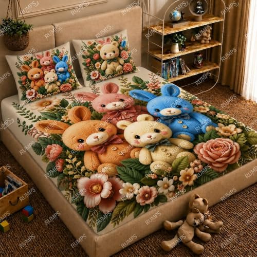 Image of RUMPS 3D Digital Printed Double Bedsheet Flat | Premium Knitted Cotton MicroFabric 90x100 Inch Bed Sheet with 2 Pillow Covers, Cute Cartoon Blue Bird (7D Digital 09)