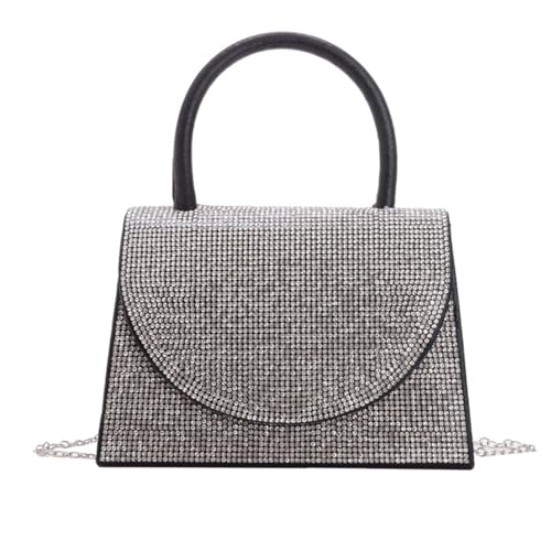 Bolsa de Festa Feminina Clutch Cristal, Alça de Mão e Corrente, Dourada, 18x13x6cm (Preto)