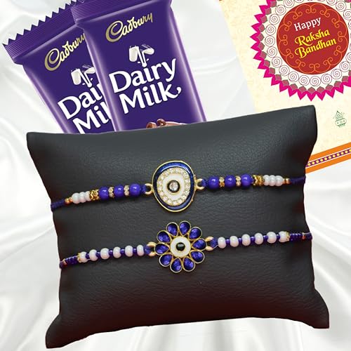 Image of Canton Rakhi Combo Gift Hamper Pack of 2 Rakhi For Brother With Chocolate, Rakhi With Cadbury Dairy Milk, Greeting Card & Roli Tilak (Design-6, 2 Rakhi With Cadbury)