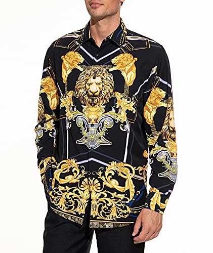 Deer Lady Men s Luxury Design Shirts Floral Dress Shirt Casual Button Down Shirts Lion Black M-1