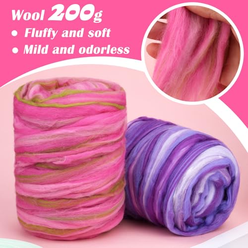 Image of Wool Roving 7.02oz Colored Natural Needle Felting Wool Bulk for Spinning, Arm Knitting Blanket, Wet Felting, Handcrafts, Yarn Roving for DIY Craft Materials(Pink Ombre)