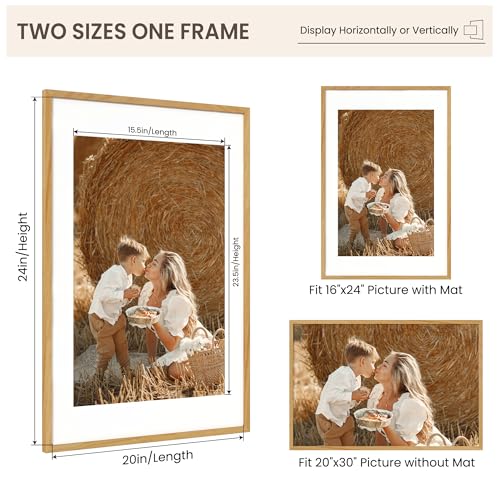 Image of FLYJOE 20x30 Oak Wood Picture Frame with Mat for 16x24, 20 by 30 USA-Sourced Natural Solid Wooden Poster Frame for Wall Display, Tempered Real Glass, Hanging Hardware Included, 1 Pack, Natural