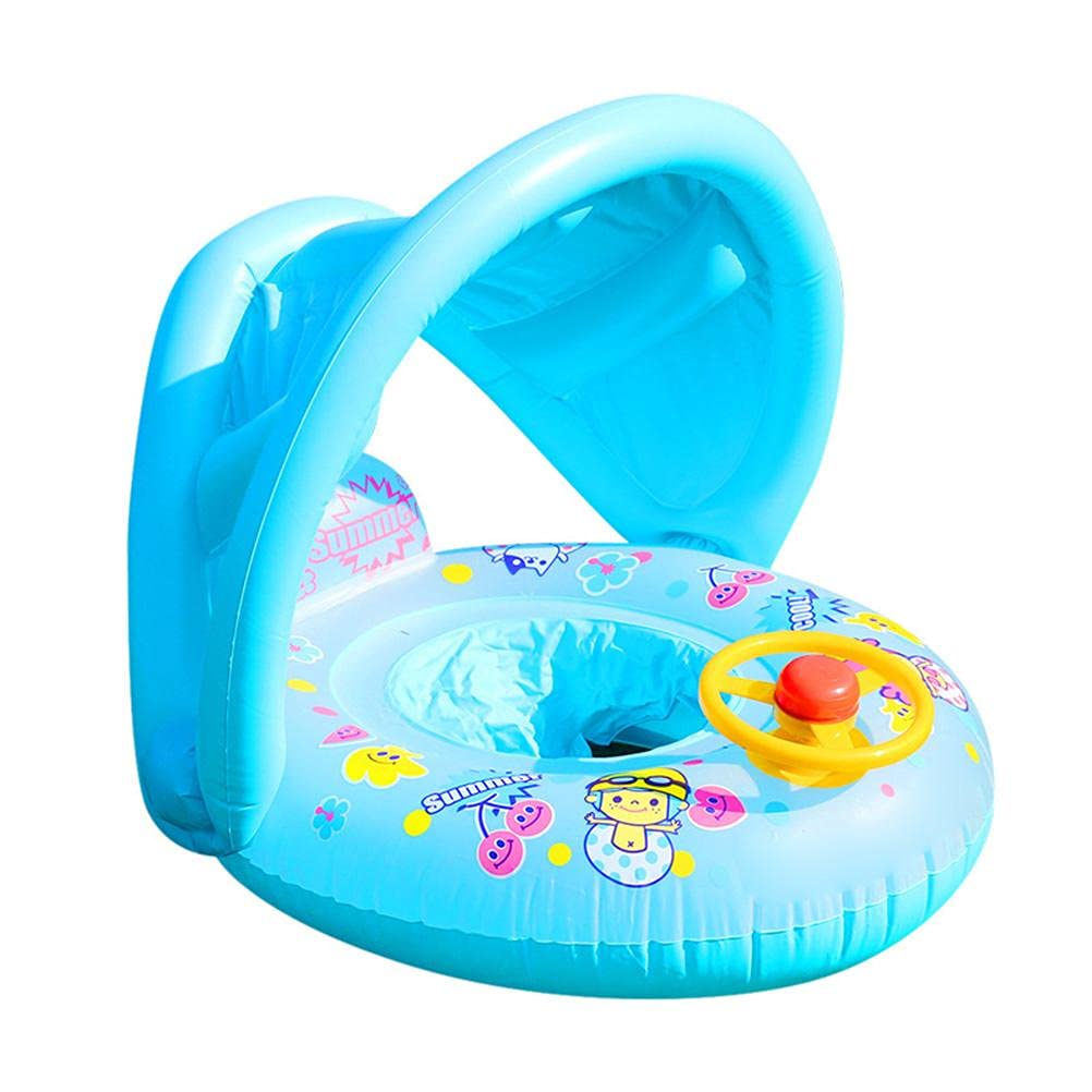 Baby Swimming Float with Inflatable Sunshade,Baby Swimming Ring with Steering Wheel Swim Safe Seat Baby Swimming Aid Float for Age of 3-48 Months Helps Baby Learn to Kick and Swim