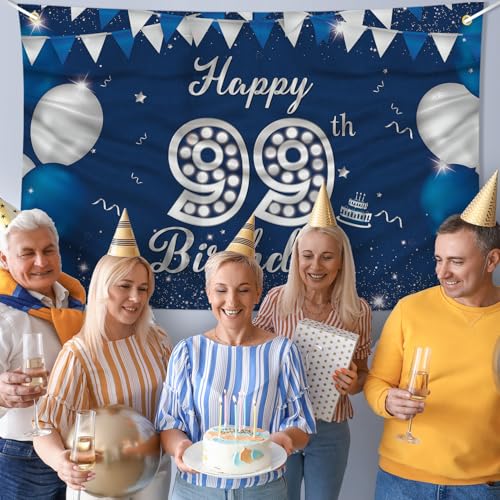 JOYKY Happy 99th Birthday Banner, Blue Silver Happy 99th Birthday Party Decorations for Men, 99 Year Old Birthday Supplies Backdrop Décor, 5.9 X 3.8 Fts by JOYKY - Image 7