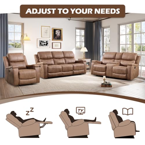 Image of CANMOV Faux Leather Manual Reclining Sofa Furniture Set, Manual Recliner Chair, Manual Loveseat and 3 Seat Recliner Sofa Couch Set for Living Room,Nut Brown