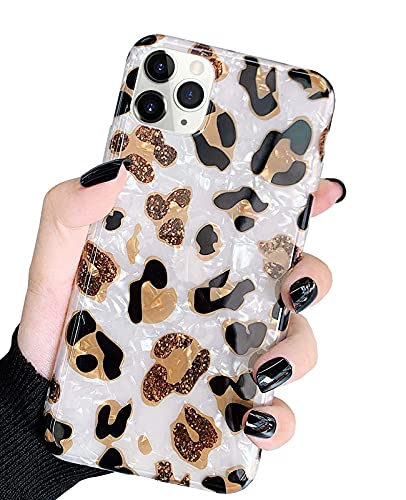 J.west Case Compatiable with iPhone 13 Pro Max 6.7 inch, Gold Glitter Bling Leopard Print Cheetah Design Translucent Clear Soft TPU Silicone Slim Protective Phone Case Cover for Women Girls White