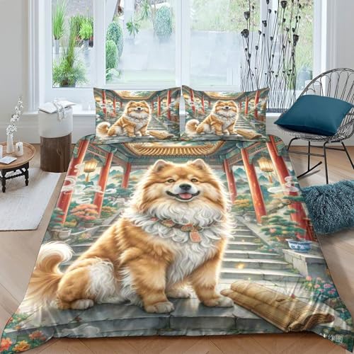 Housse de couette Pékinois 3D microfibre douce lit 2 personnes 220x240cm