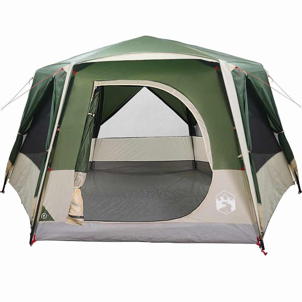 Namiot kabinowy dla 7 osób, zielony namiot rodzinny 400 x 350 x 212 cm z poliestru 185T z powłoką PU, łącznie z drążkami, 6 linkami napinającymi i 17 kołkami do wbijania w ziemię, z okienkiem