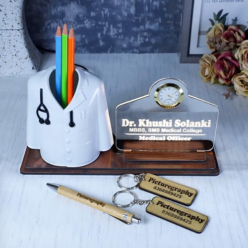 Image of Doctor Coat Pen Stand with LED Name Plate, Clock & Wooden Base | Bamboo Pen & Personalized Wooden Keyring with Stylish Name Plate | Customized Desk Organizer for Doctors Medical Aspirants