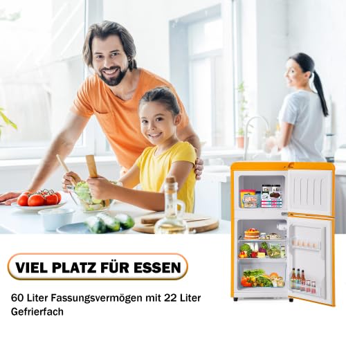 Merax Retro Kühlschrank mit Gefrierfach – Kleiner Mini Kühlschrank, 60L Gesamtvolumen, 22L Gefrierfach, 38L Kühlfach, 7 Temperaturstufen, Energieeffizienzklasse E, LED-Licht, Kompakt und Gelb