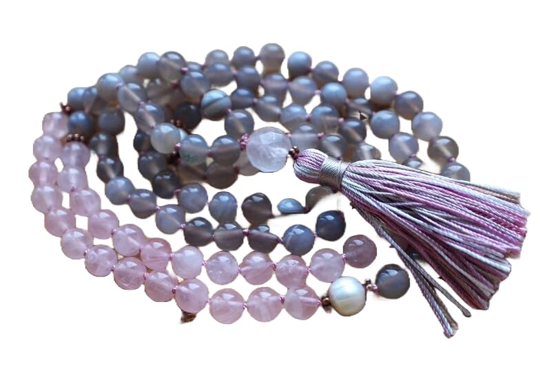 Cuentas Mala de ágata gris y cuarzo rosa, collar 108 Mala, mala anudada, collar WWG, joyería de yoga, cuentas de meditación, joyería espiritual, joyería bohemia, 34inch, Gema