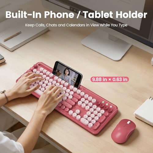 Image of Wireless Keyboard and Mouse Combo, Retro Round Keycaps, Full-Size Stylish Typewriter Keyboard with Large Phone /Tablet Holder, 3-Level DPI Ergonomic Mouse, 2.4GHz Cordless for Windows PC, Rose Pink