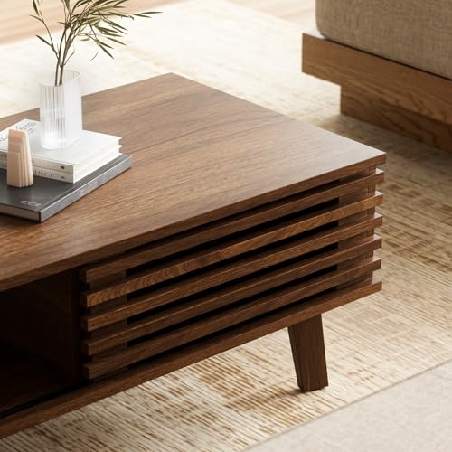 Image of Furniway Living Room Table Sets of 2, Mid Century Coffee Table and TV Stand, Wood Coffee Table with Storage, Modern TV Stand for Bedroom, Living Room, Walnut
