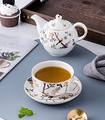Jusalpha Bird Series Fine China Teacup And Saucer Set, 16 Oz Teapot And 9 Oz Teacup For One, Tea For One #09 #TOP2