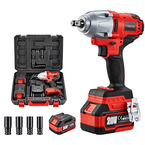 TEENO Clé à chocs 20V Brushless Lithium-Ion Batteries 4.0Ah, 4 Douilles à Chocs, 600N.m (deux batteries)