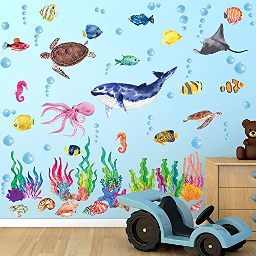 Image of 114 Piece Ocean Fish Wall Decals, Under The Sea Wall Decals - Under The Sea Fish & Jellyfish Removable Decor - Peel & Stick - for Kids, Baby, Bathroom, Bedroom, Living Room