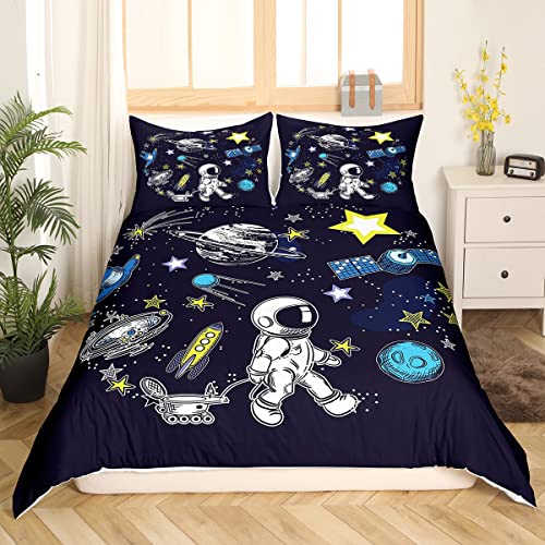 Homemissing Dessin animé Astronaut Housse de Couette Galaxie Parure de Lit 220x240cm pour Enfants Garçons Filles Rocket Sets de Housse de Couette Cosmos...