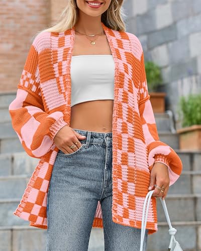 Image of BTFBM Casual Cardigan Sweater for Women Fall 2026 Long Sleeve Open Front Chunky Knit Sweaters Checkered Outwear Coat