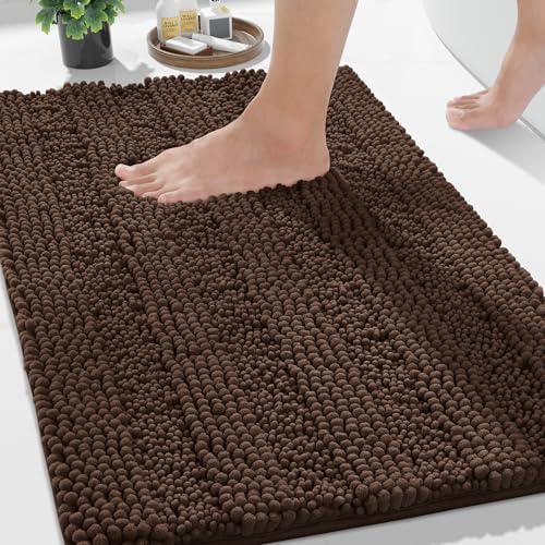 Yimobra Bathroom Rug Mat Non Slip and Super Absorbent Bath Mat Machine Washable Quick Dry Ultra Plush Chenille Shower Rugs for Bathroom Floor Sink Tub and Shower Outside Brown 24 x 17