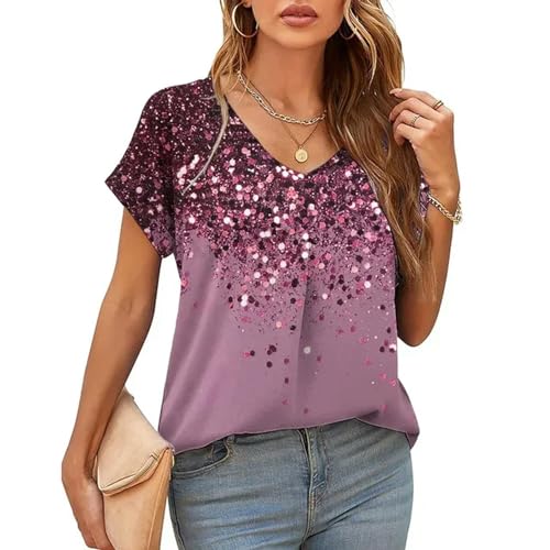 T-shirt femme col en V au style surdimensionné et motif imprimé moderne K01