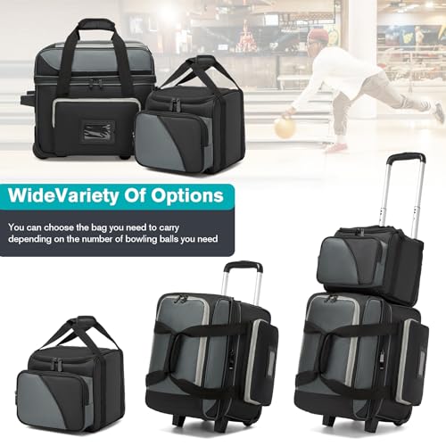 JMIANeodark 2 Ball Bowling Bags with Wheels, Roller Bowling Bag with Separate Shoe Compartment and Retractable Handle, 1 Ball Bowling Roller Bag + 1 Ball Color Matching Add On Tote(Grey)