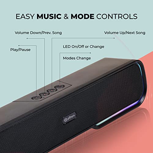 Image of pTron Fusion One 14W Bluetooth Soundbar Speaker, 20Hrs Playback Time, Vivid 10 RGB Modes, Mini Soundbar for Phones /TV /Laptops /Tablets, Multi Modes BT5.3 /3.5mm Aux /TF Card /USB / (Obsidian)