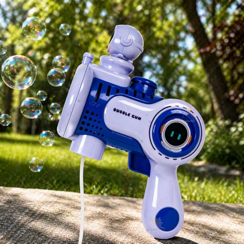 Image of WISHKEY Astronaut Theme Bubble Gun Toy for Kids, Leak-Proof Bubble Blower Machine with Colorful LED Light, Battery Operated Bubble Blaster with 360-Degree Rotating Toy Figure, (Pack of 1, Purple)