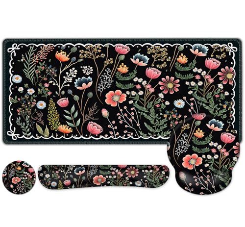 Flower Desk Mat, 4in1 Large Mouse Pad with Wrist Rest, Desk Matt for Desktop, Desk Pad Mat, Anti-Slip XXL Computer Ergonomic Mousepad with Wrist Support for Keyboard and Mouse I Black Florals Weeds
