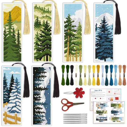 Image of ACRNIGHEET 6PCS Cross Stitch Bookmark Kit for Beginner Pine Stamped Cross Stitch Kits Needlepoint Kit for Adults DIY Tassel Embroidery Bookmark Kits with Instructions Craft Gift 8.5 inchx3 inch 11CT
