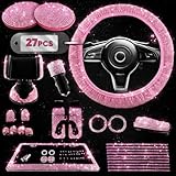 Pink Car Accessories Set, 27 Pieces – Bling Car Accessories for Interior Styling with Rhinestone Details for Daily Use, Universal Fit Kit for Steering Wheel, Vents, Mirror Area, Great Gift for Women